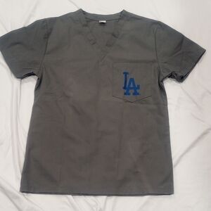 Gray V-Neck Scrub Top with Blue Logo